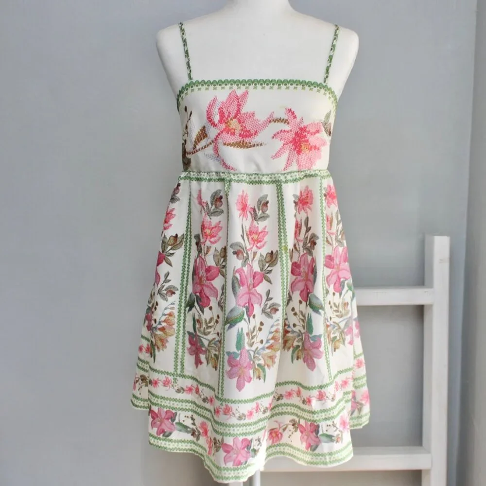 Women's White Multicolor Empire Waist Open-Back Spaghetti Strap Dress Size Small - Picture 1 of 5